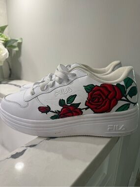 FILA White Platform Sneakers with Red Rose Embroidery
